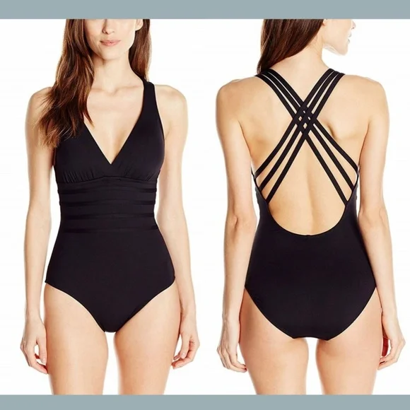 NWT La Blanca Cross Back One-Piece Swimsuit‎ 14 BLK One Pieces